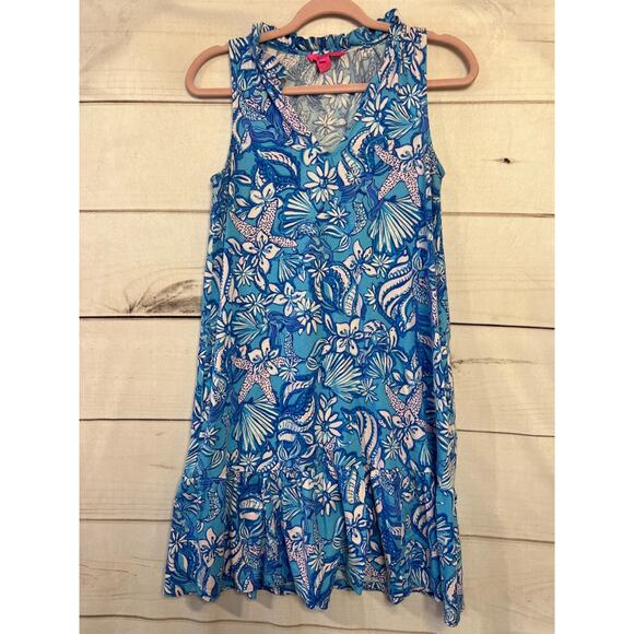 Lilly Pulitzer Size XS Sleeveless Dress Ruffled Collar Easy Comfy Blue Print - Picture 1 of 8